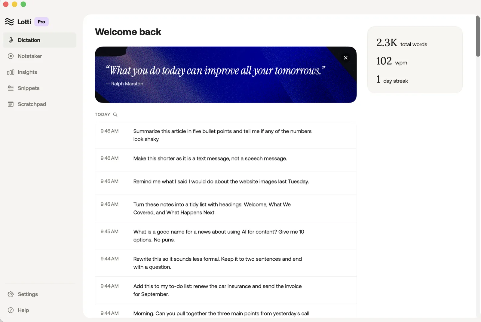 Lotti's dictation screen: a sidebar, a welcome header, a stats card and a list of the day's dictations