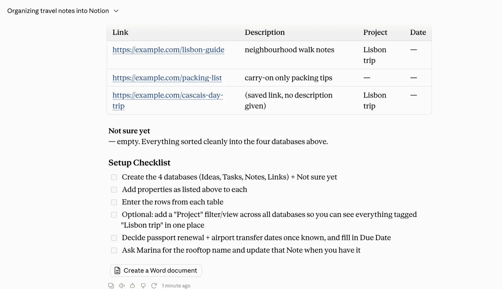 Claude Brain Dump Sorter output Links and setup checklist