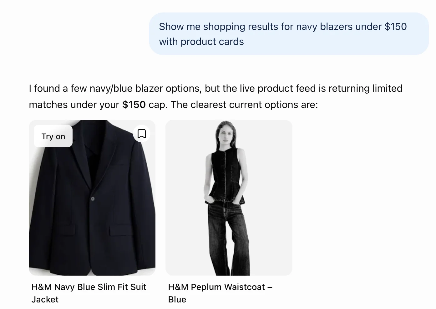 ChatGPT shopping results for navy blazers: a product card for a navy suit jacket with a Try on button at the top left and a bookmark icon at the top right