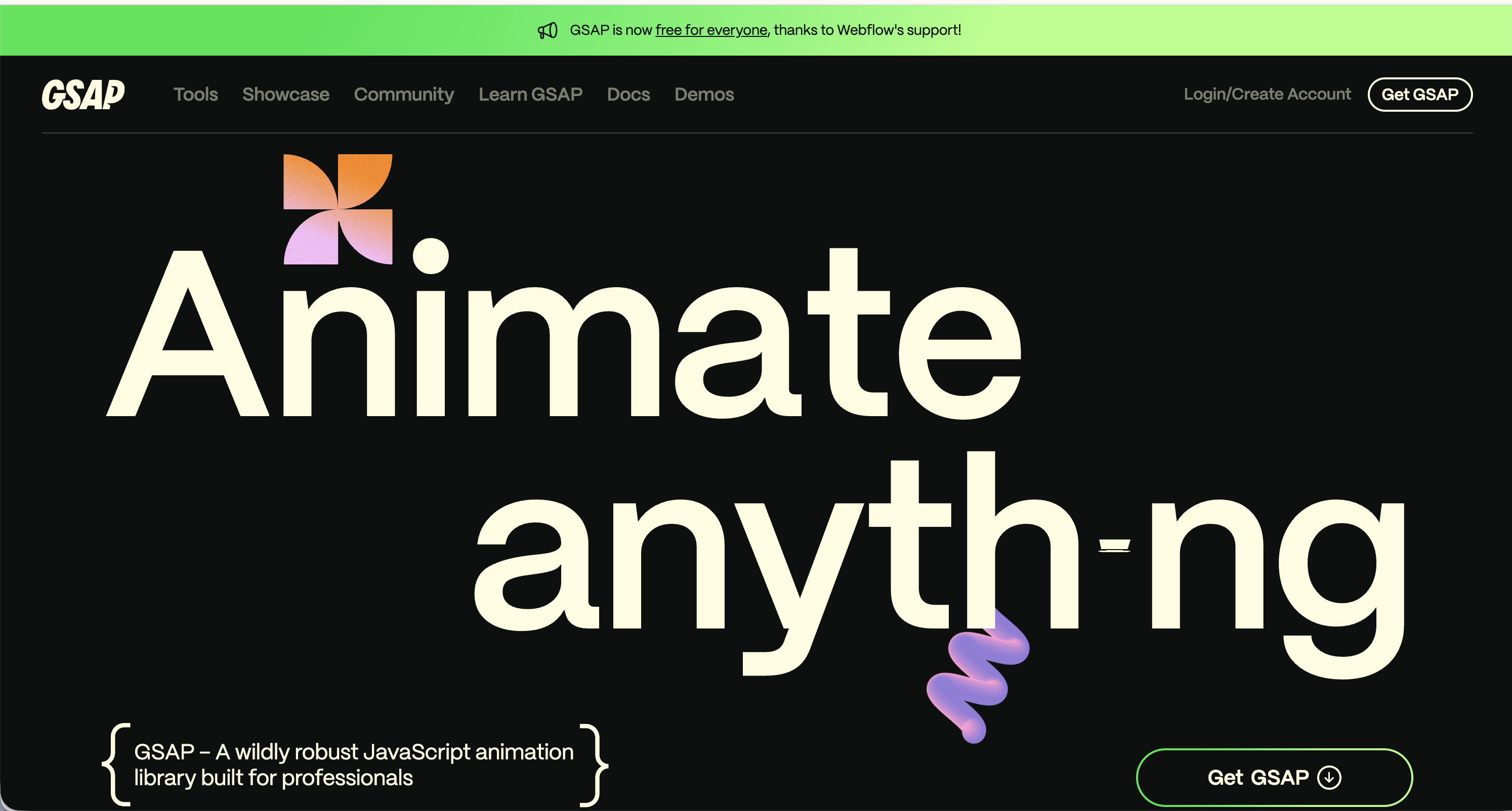 GSAP homepage, a JavaScript animation library