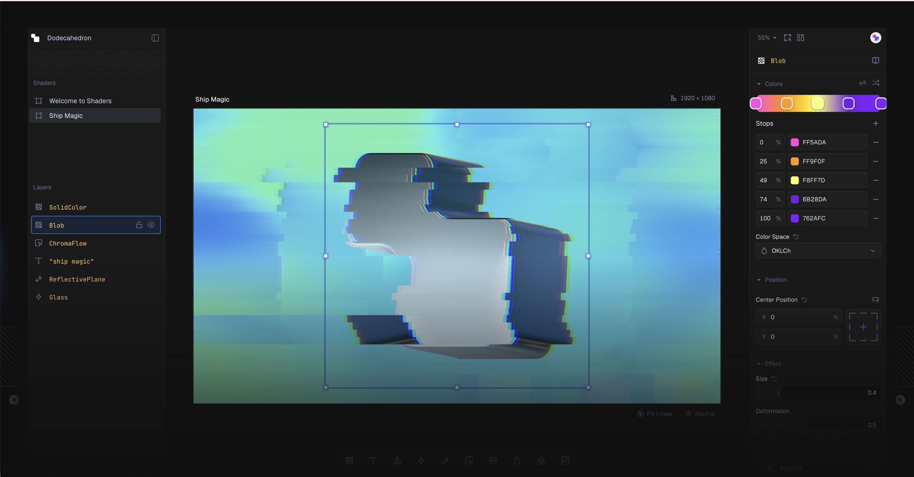 The Shaders visual editor composing a web shader effect