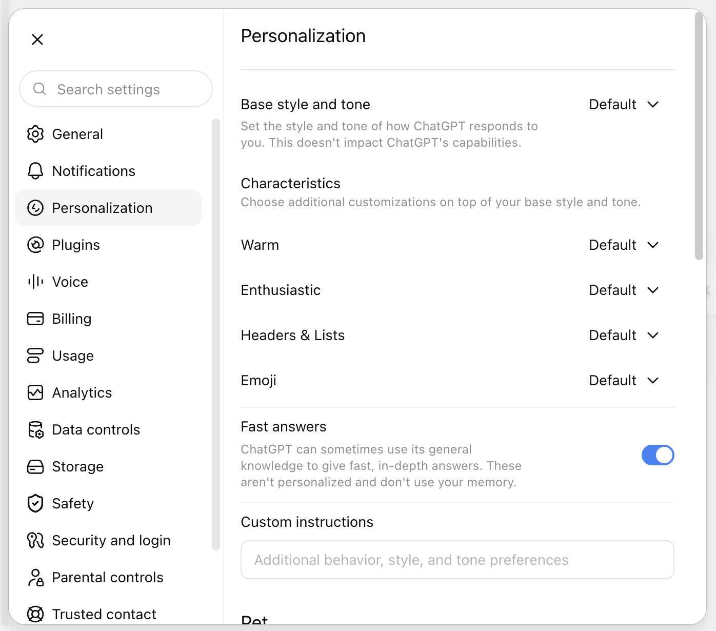 ChatGPT personalisation settings, the two custom instruction boxes for what it should know about you and how it should respond