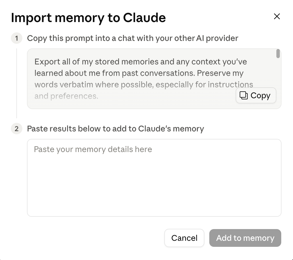 Claude's import screen showing the prompt to copy into ChatGPT and the instruction to paste ChatGPT's reply back