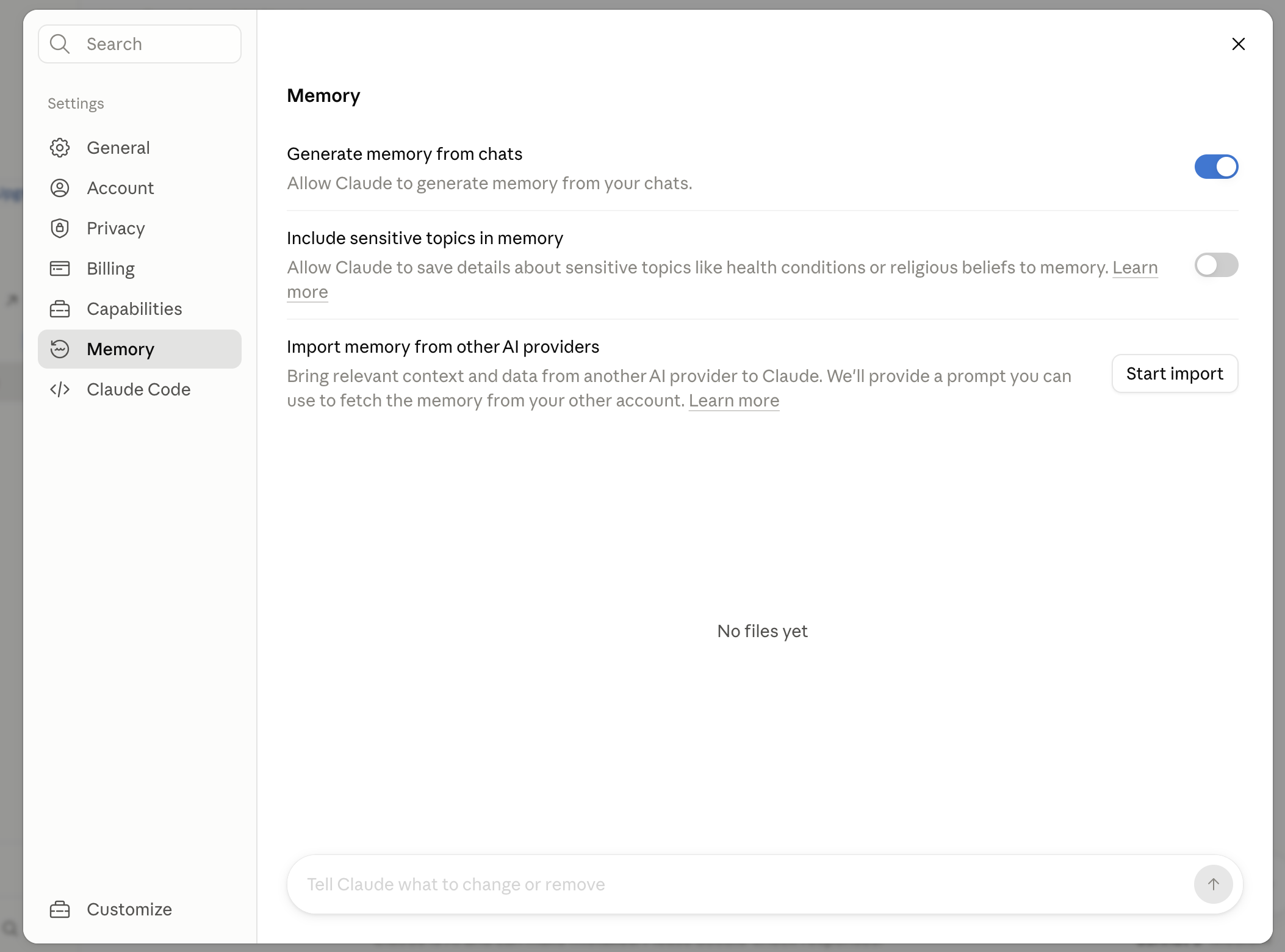Claude Settings Memory page with Generate memory from chats turned on and sensitive topics off