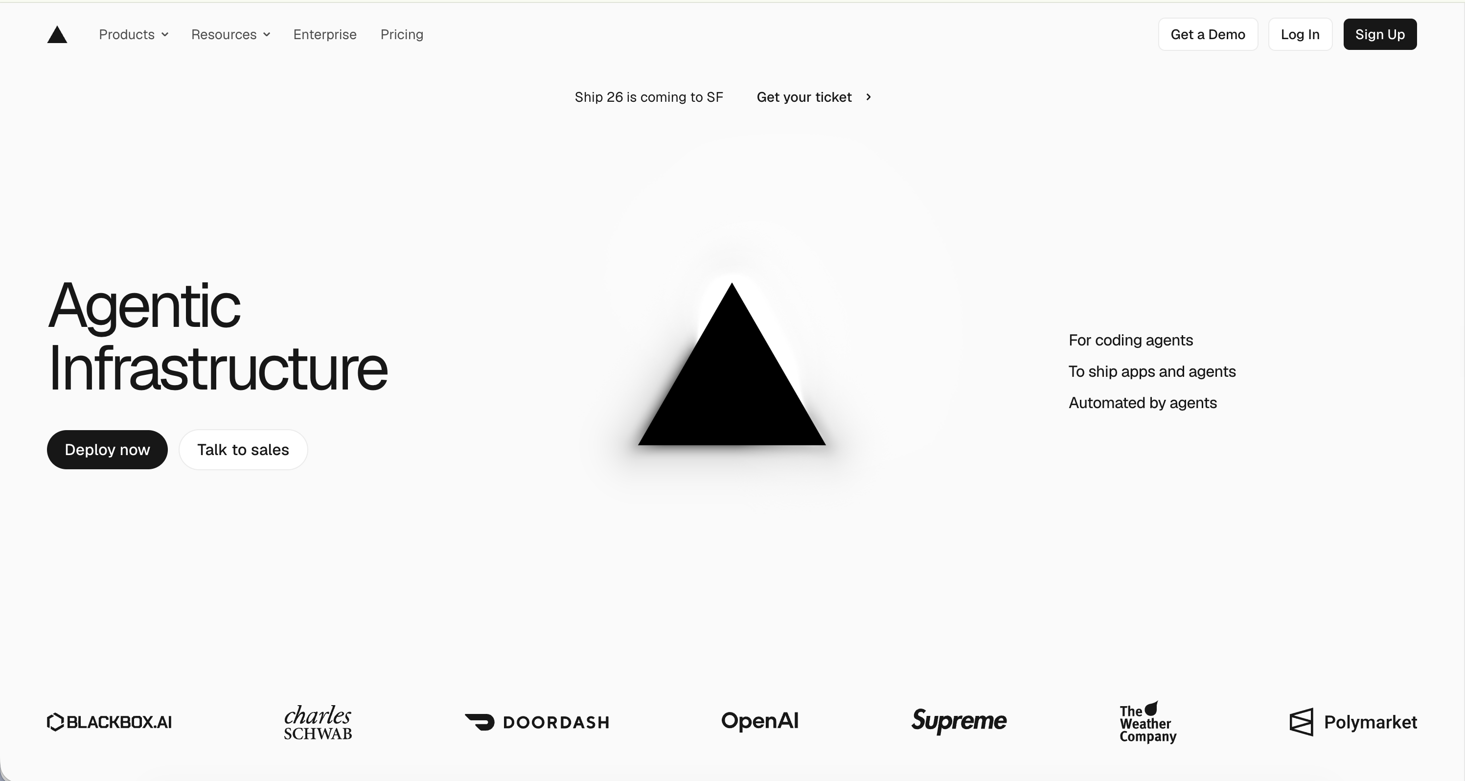 The Vercel homepage with the Sign Up button in the top right