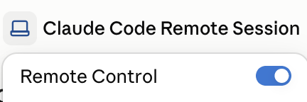 The Claude desktop app session header with the computer icon, and the Remote Control switch turned on