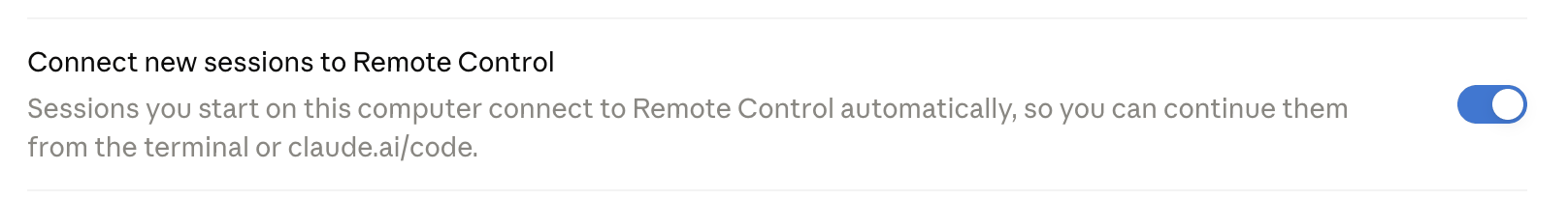 The Claude Code settings row labelled Connect new sessions to Remote Control, with its switch turned on