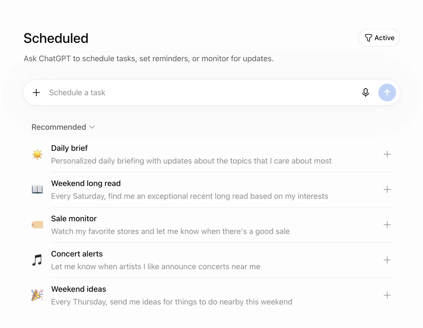 The Scheduled screen in ChatGPT, with a Schedule a task box and recommended tasks like Daily brief and Sale monitor