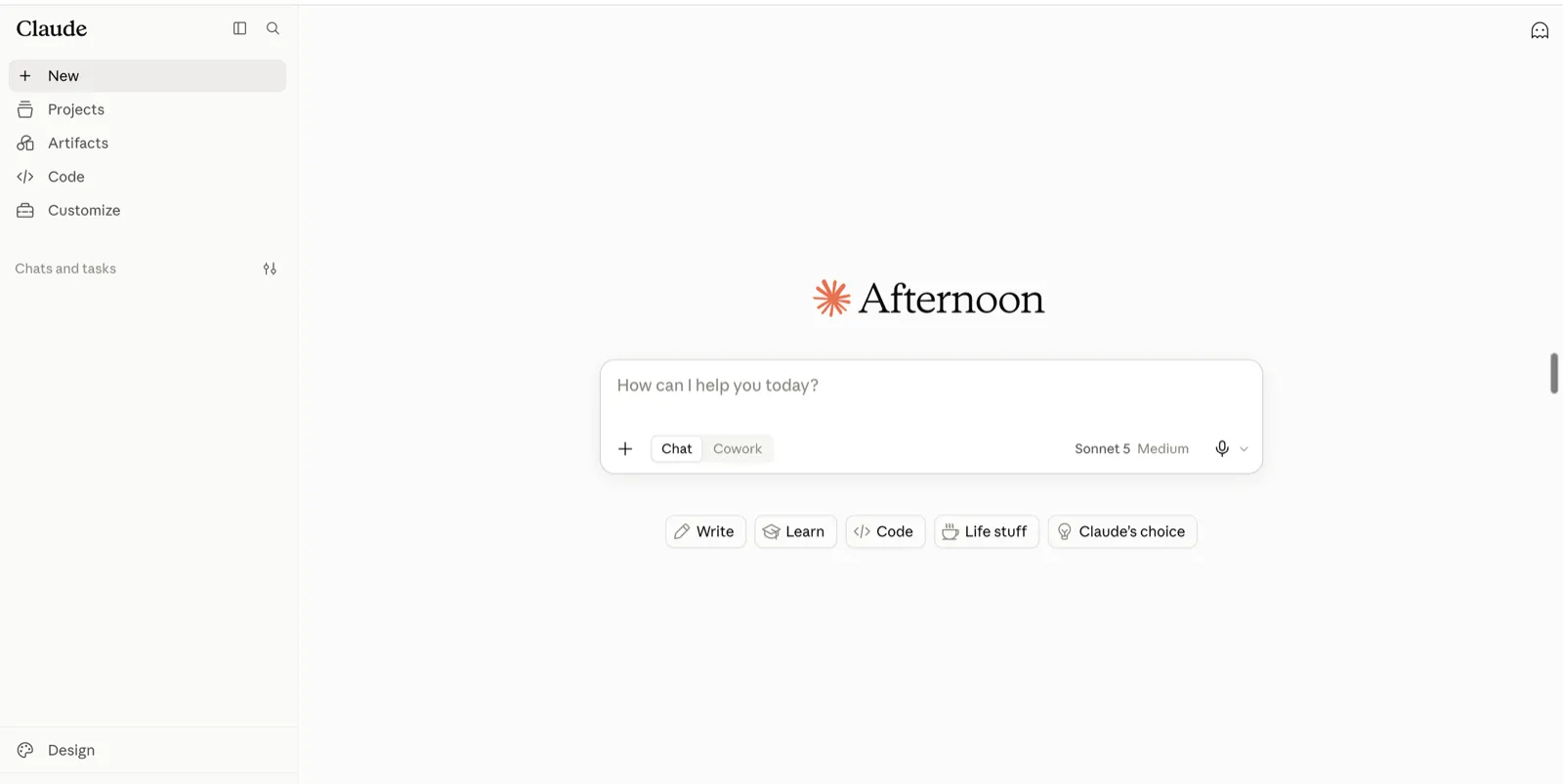 The claude.ai home page after signing in, with the chat box in the middle