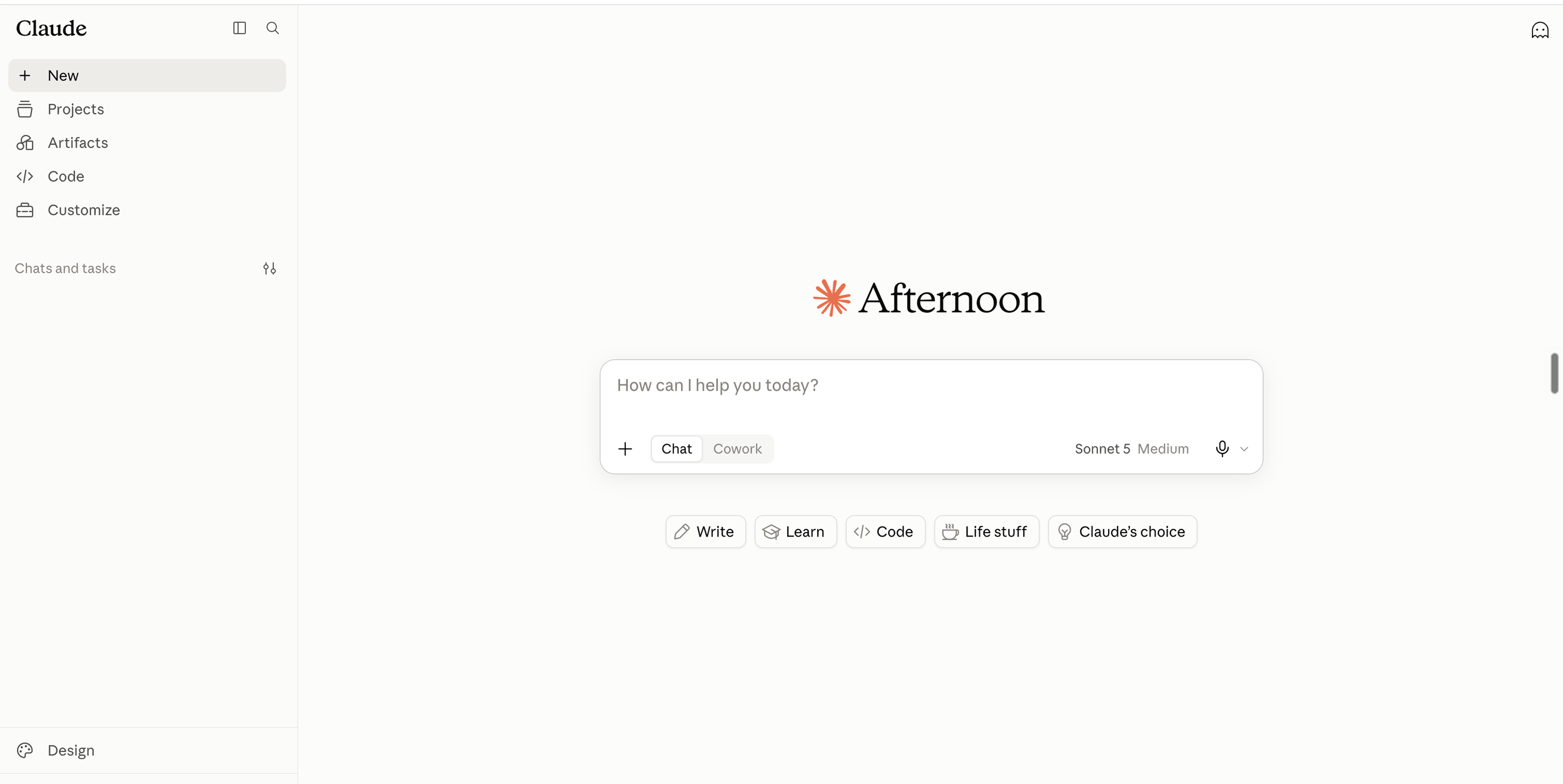 The claude.ai home page after signing in, with the chat box in the middle