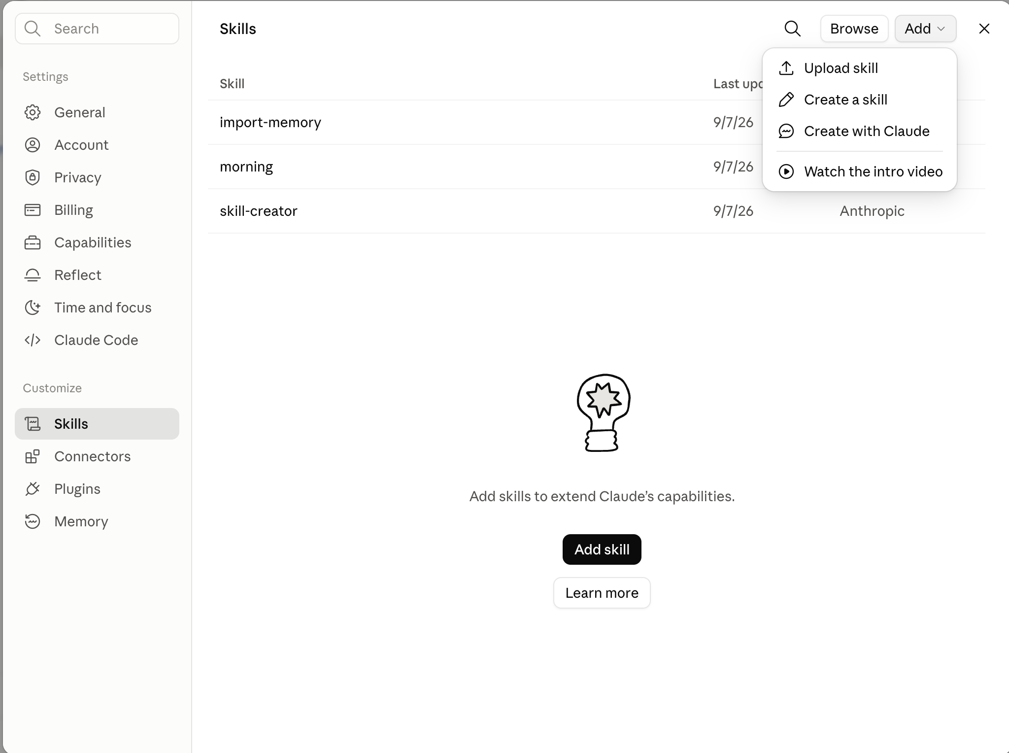 Claude settings showing Skills under Customize, with the Add and Upload skill options