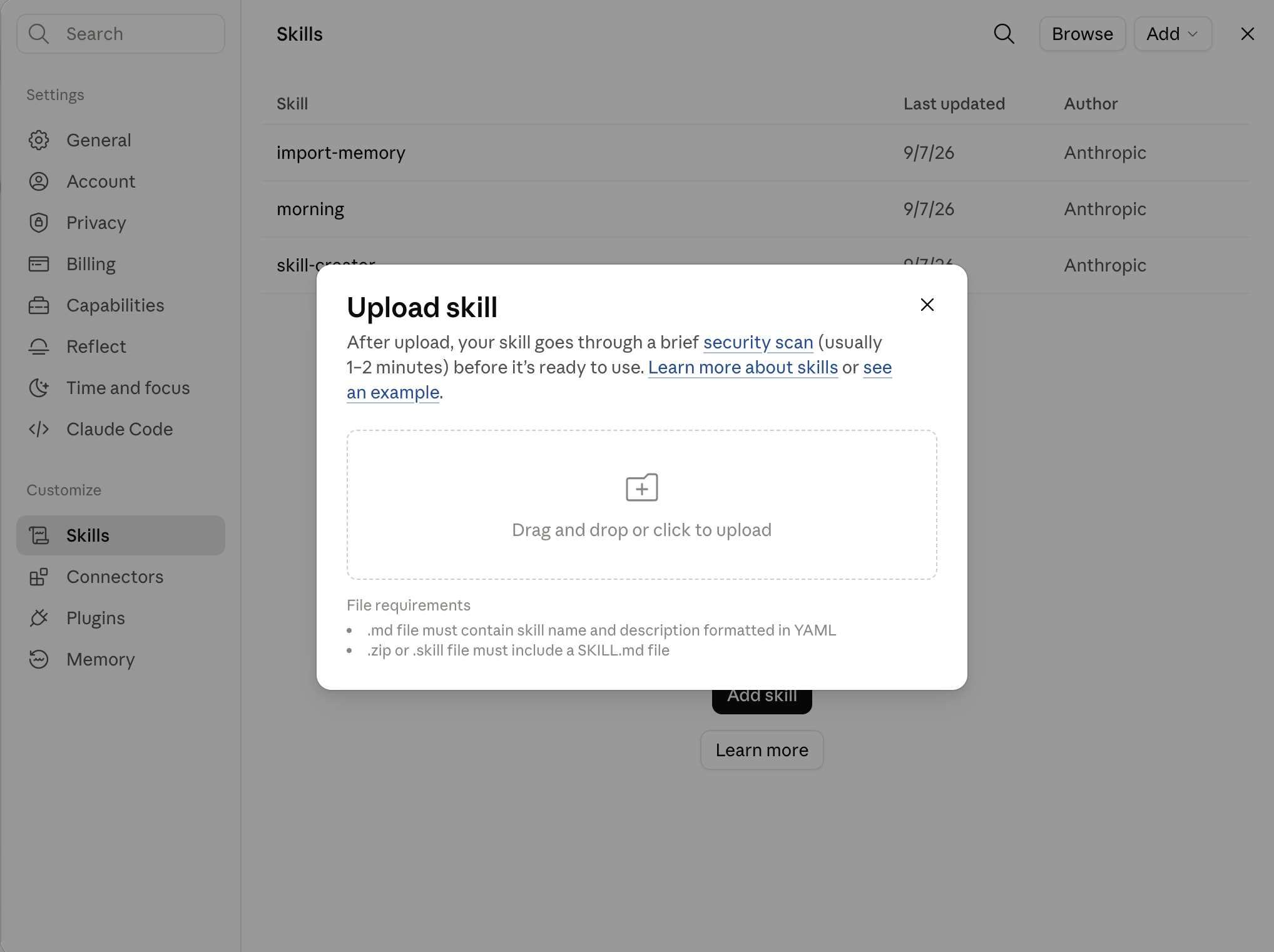 The upload dialog for adding a skill file into Claude